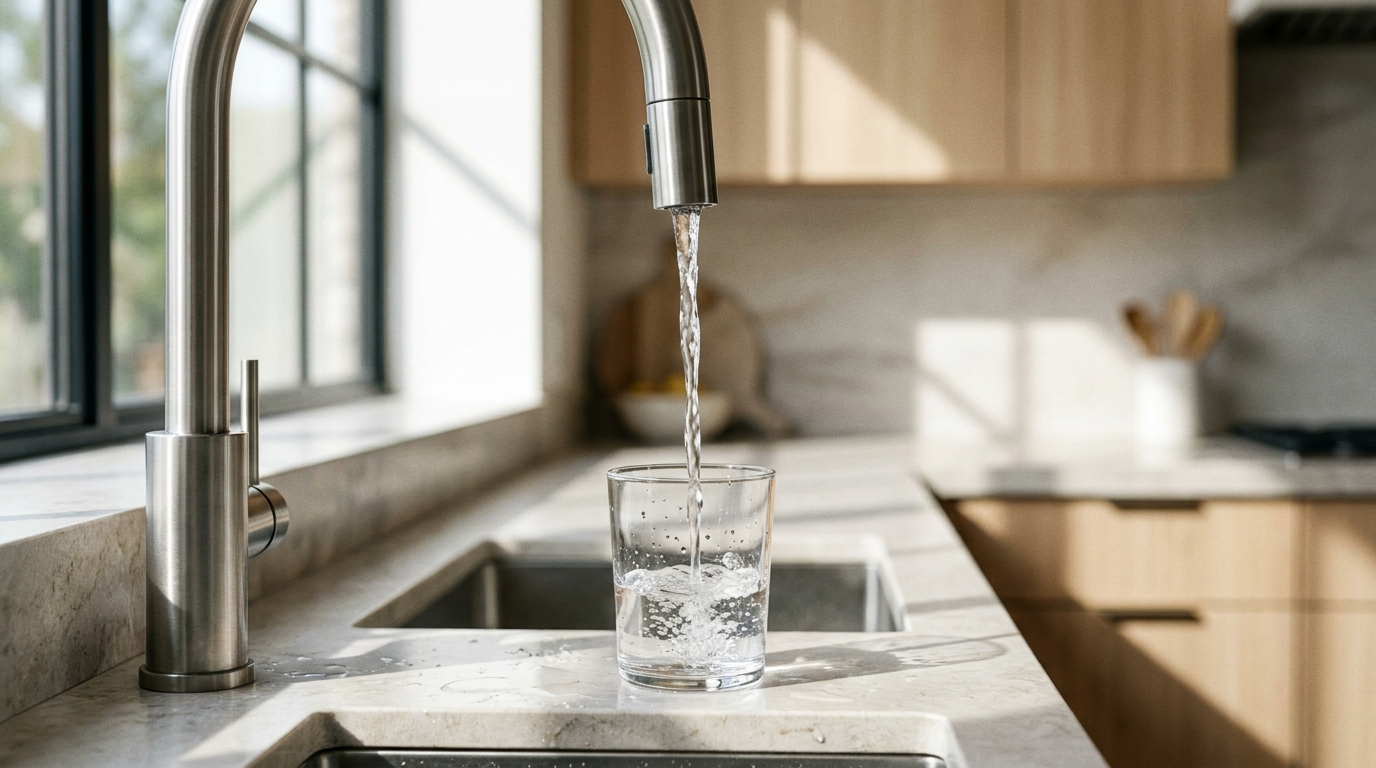 Fresh water being poured into a clean glass at a modern kitchen faucet