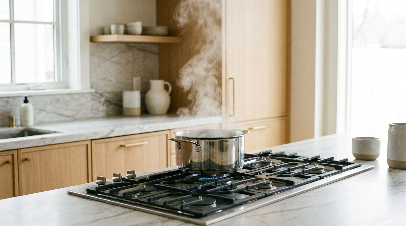 A stainless steel pot of water at a rolling boil on a cooktop with steam rising in a bright modern kitchen