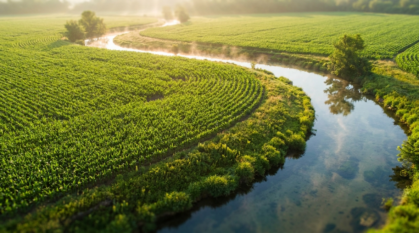 Aerial view of a green cornfield beside a clear stream in early summer