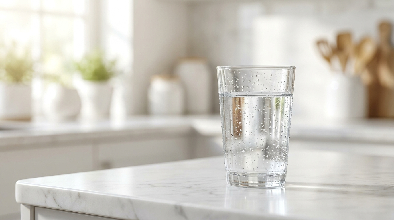 A clear glass of pure water on a bright marble kitchen countertop