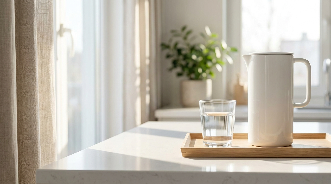 A clear glass of filtered water beside a white water filter pitcher on a bright kitchen counter