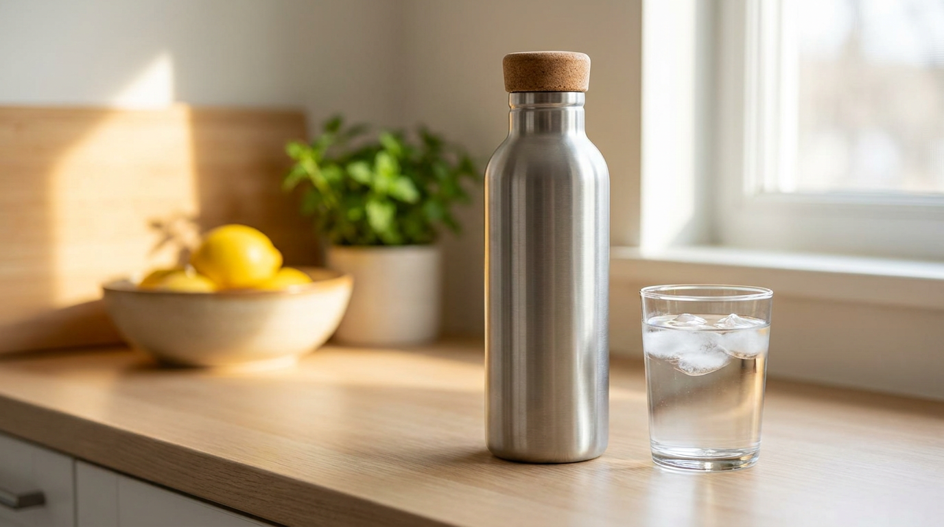 A reusable stainless steel water bottle beside a glass of water on a sunlit kitchen counter