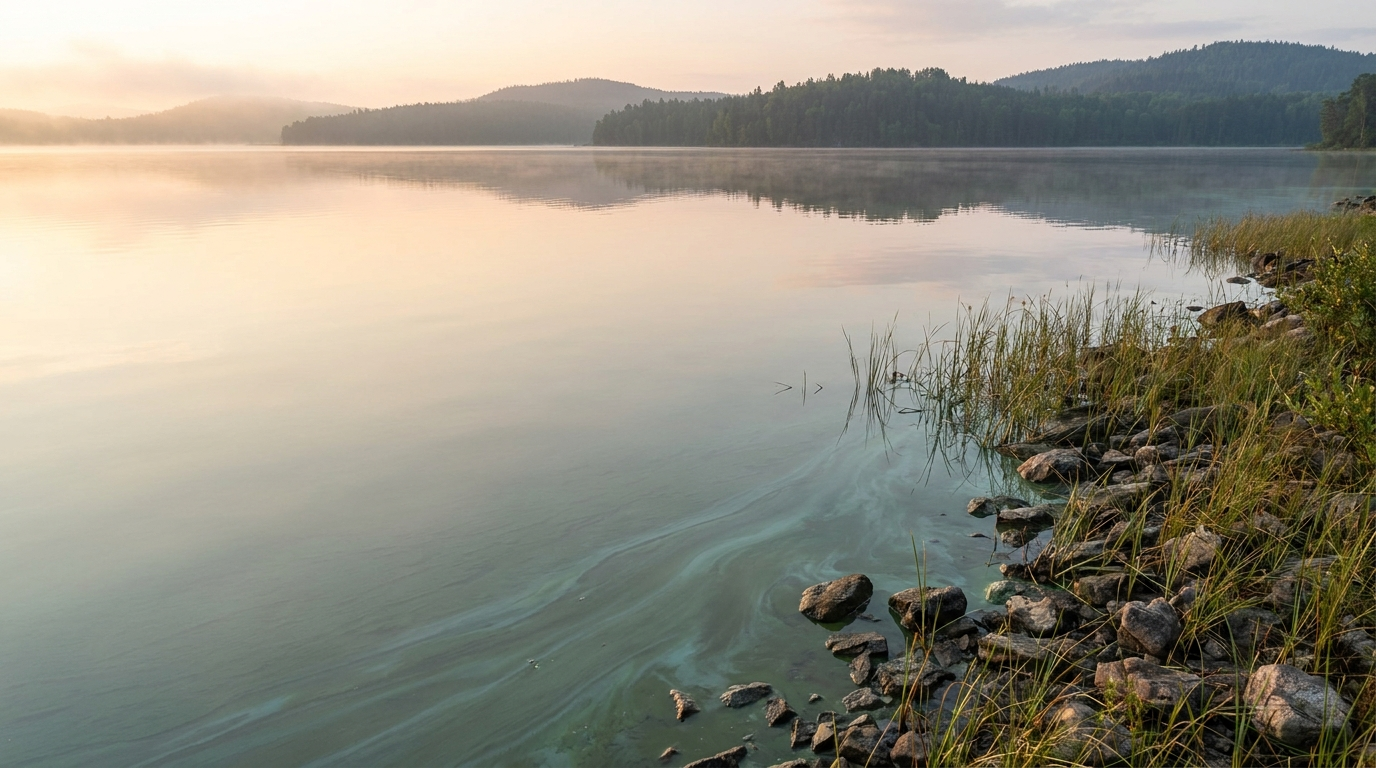 A serene lake and reservoir at dawn with a blue-green algae bloom drifting near the shoreline