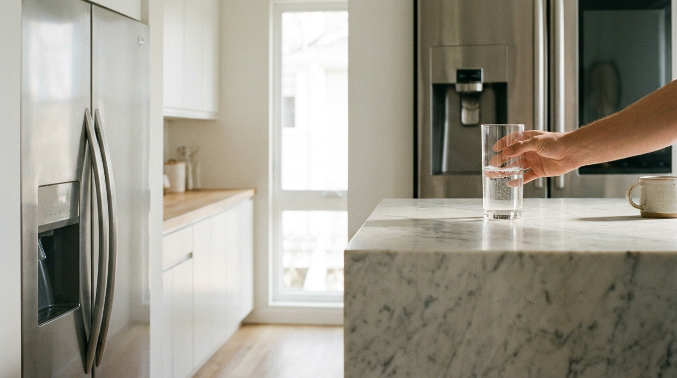 A hand filling a clear glass with water from a modern refrigerator door dispenser