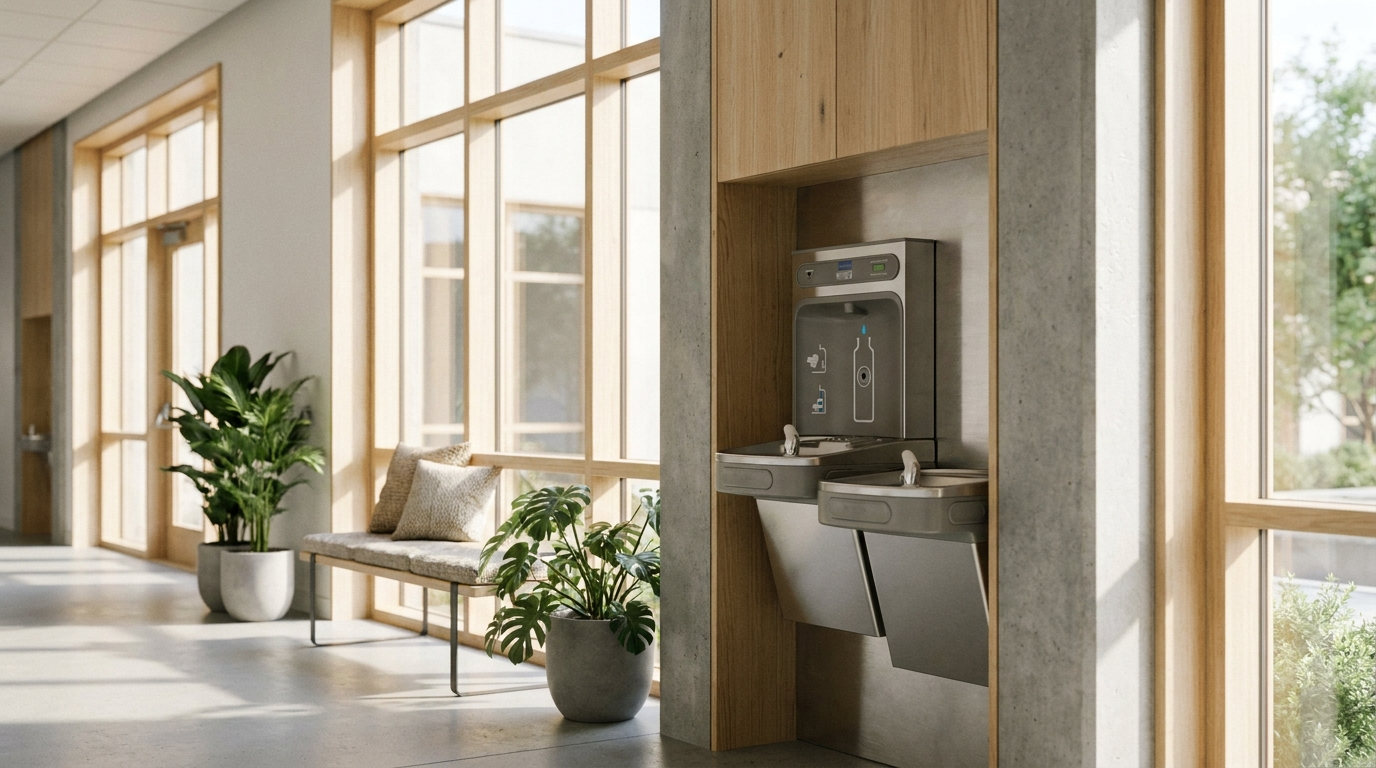 Modern school hallway water bottle refill station in bright natural light