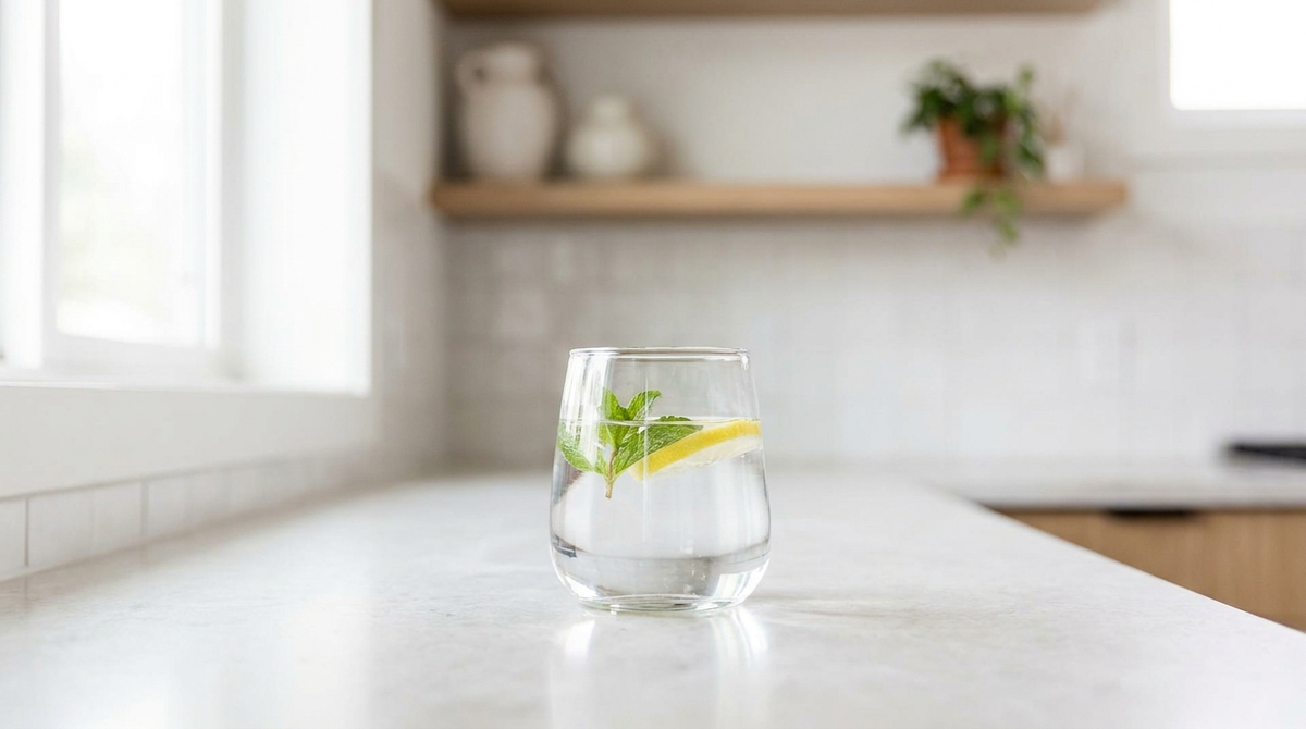 A clear glass of fresh water on a bright kitchen counter in soft morning light