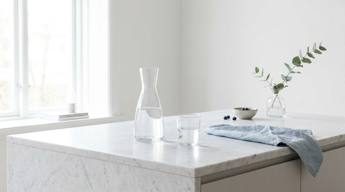 Clear glass pitcher and glass of water on a marble counter in soft morning light
