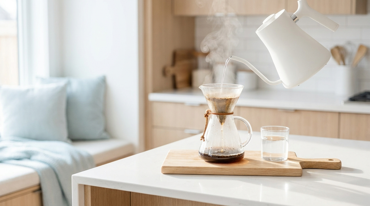 Gooseneck kettle pouring hot water into a pour-over coffee brewer beside a glass of water