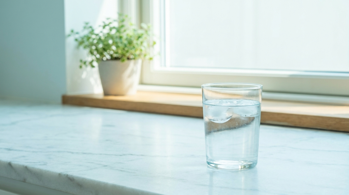 Clear glass of drinking water on a marble kitchen counter in soft morning light