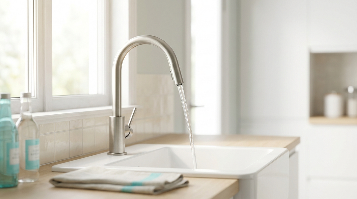 Kitchen faucet running clear water into a white sink in bright morning light
