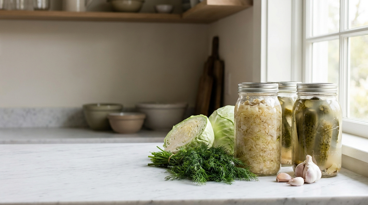 Jars of sauerkraut and pickles on a sunlit kitchen counter