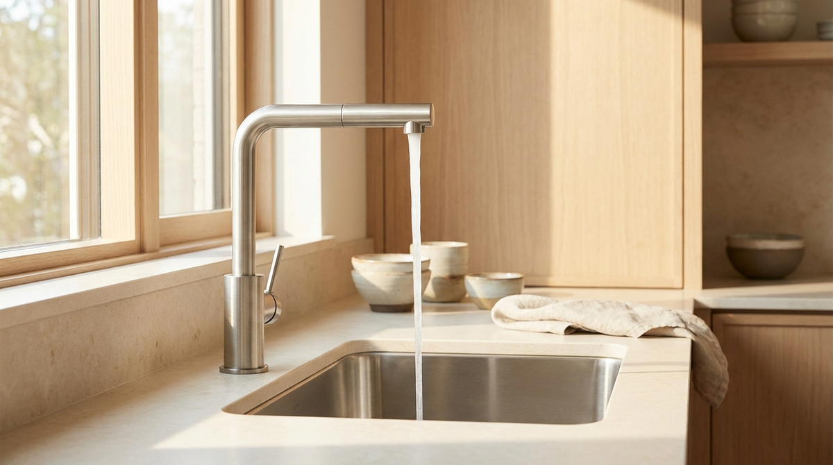 A modern kitchen faucet running a clear stream of cold water into a stainless steel sink in morning daylight.