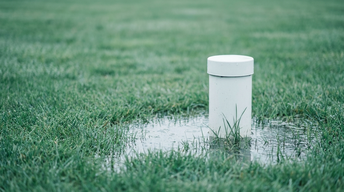 A capped private water well head in a green lawn with shallow rainwater pooled around its base after heavy rain.