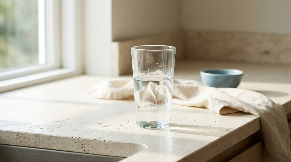 A tall clear glass of water on a pale limestone kitchen counter in soft morning daylight.