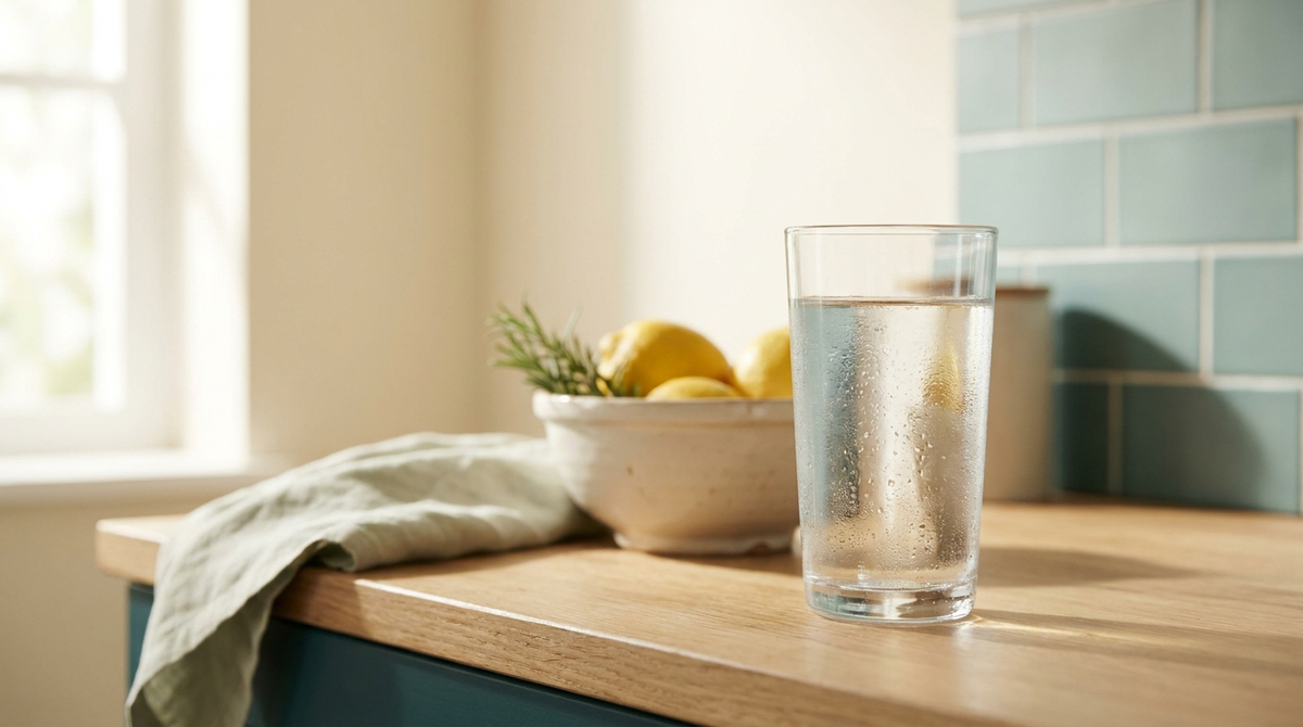 A tall clear glass of cold water on a sunlit kitchen counter beside lemons and a linen towel.