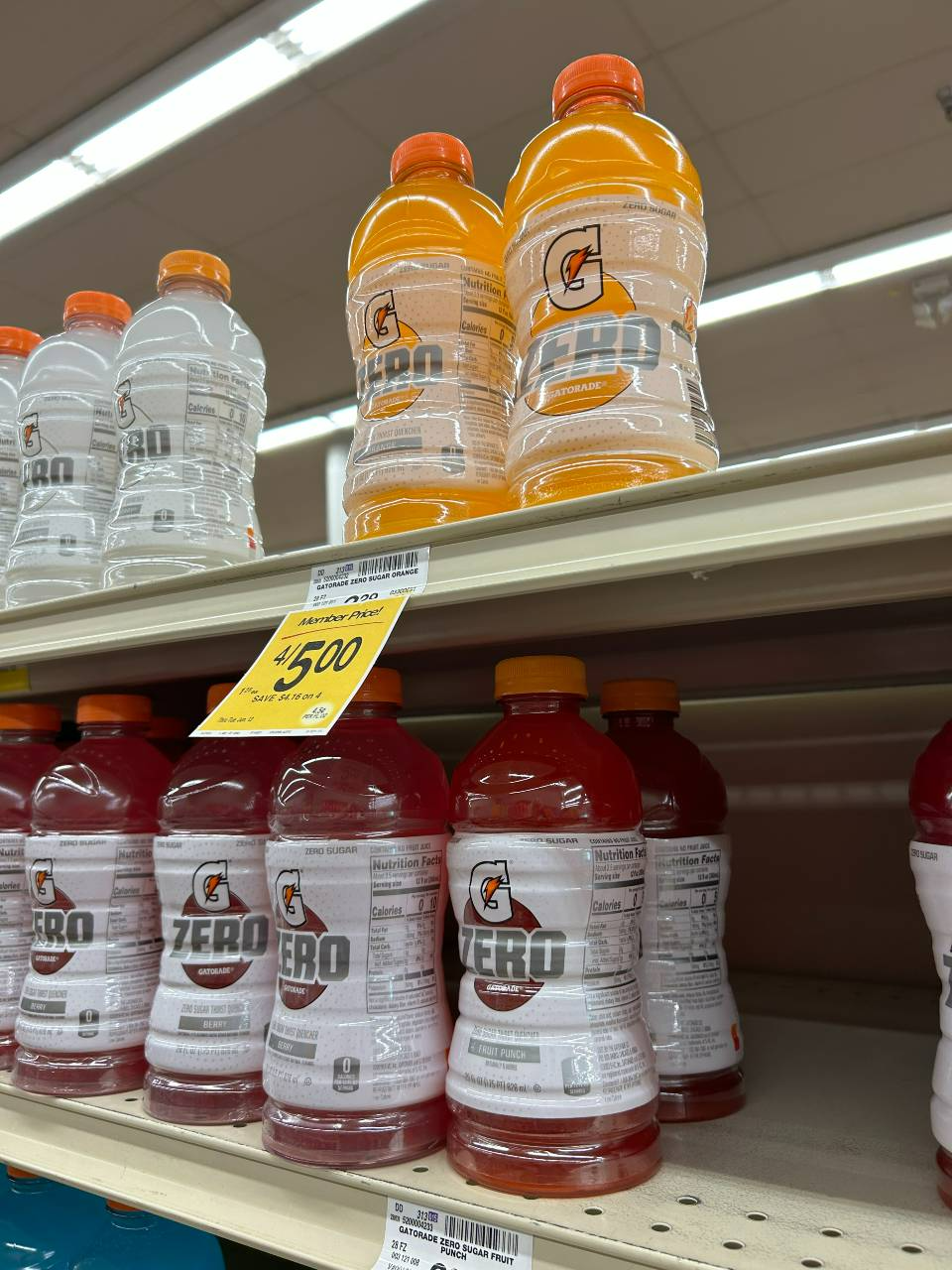 Bottles of Gatorade Zero on a store shelf