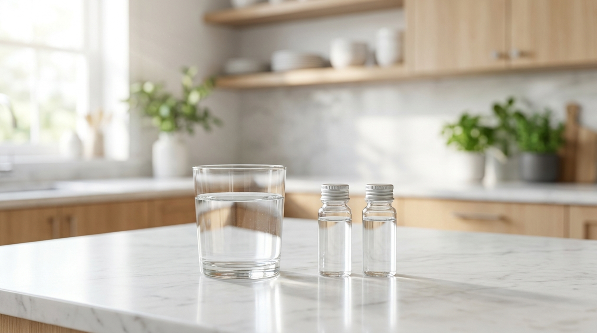Clear glass of drinking water and water sample vials on a kitchen counter
