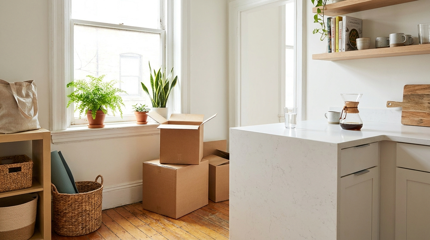 Sunlit apartment kitchen on move-in day with moving boxes and a glass of water