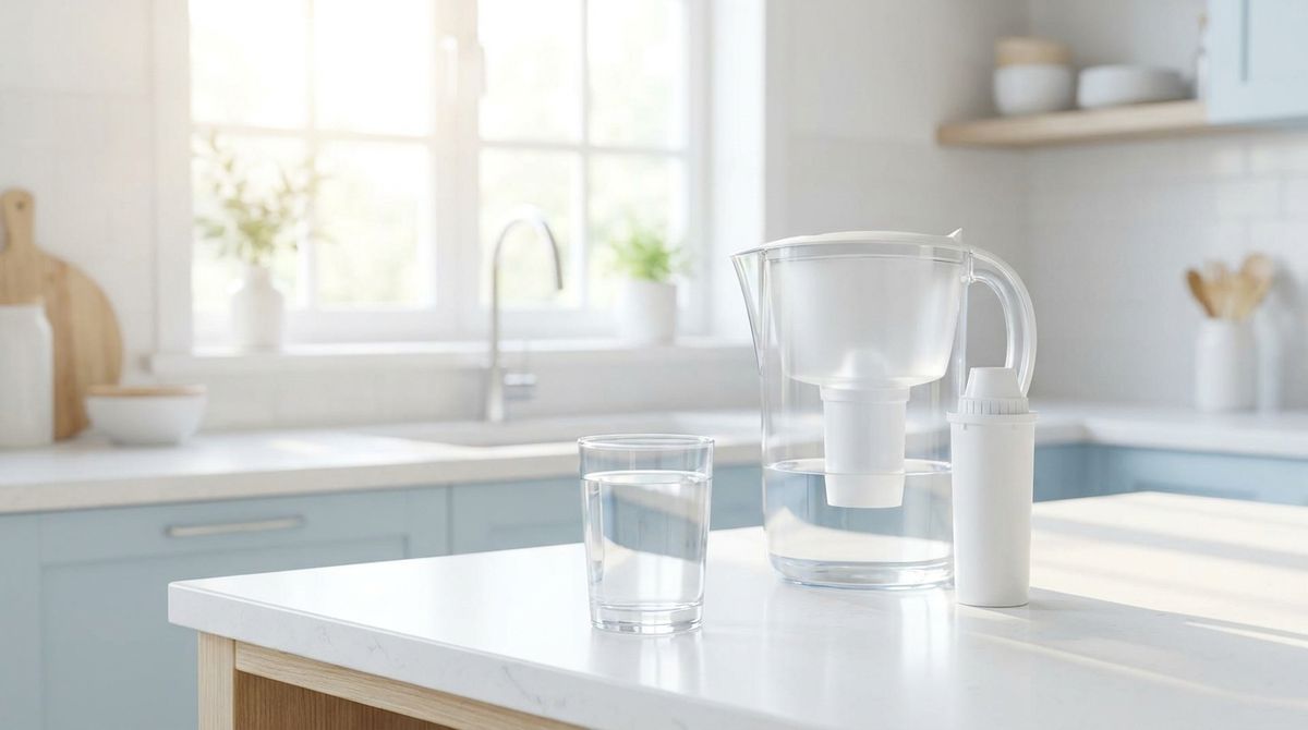 Clear water filter pitcher with a fresh cartridge and a glass of water on a bright kitchen counter