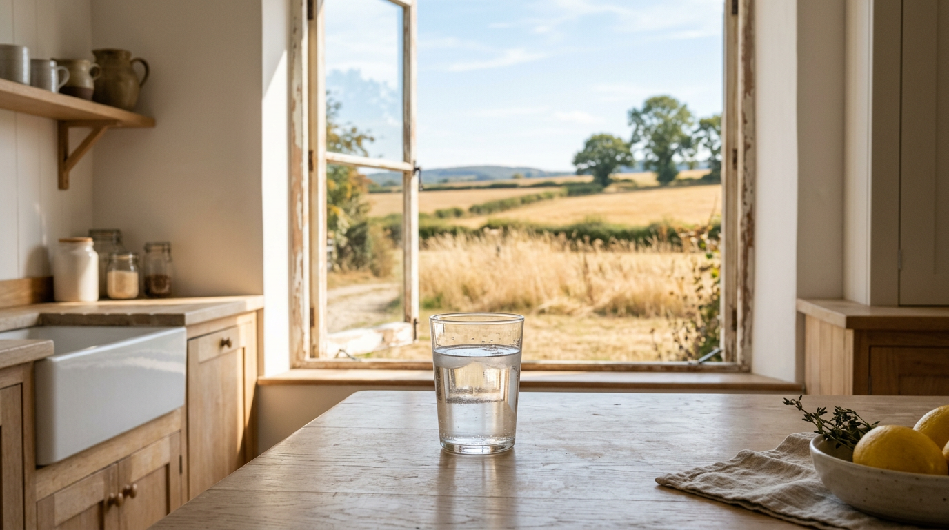 Glass of clear drinking water in a sunlit kitchen with dry summer fields outside the window