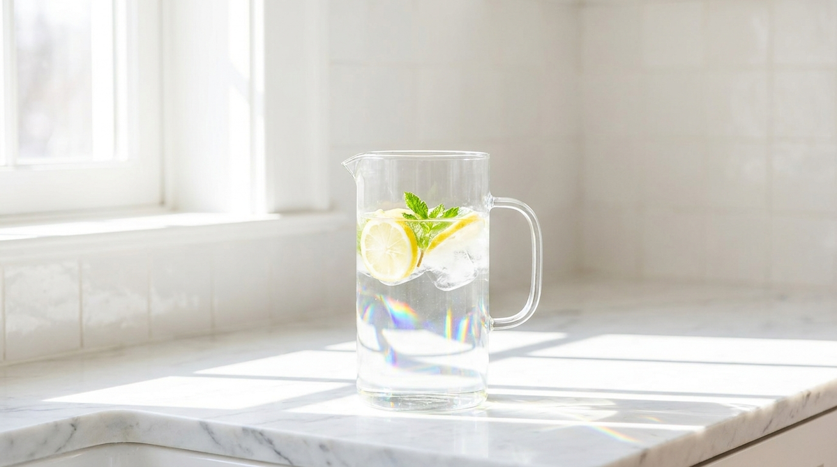 Clear water pitcher filled with water on a white kitchen counter in morning light
