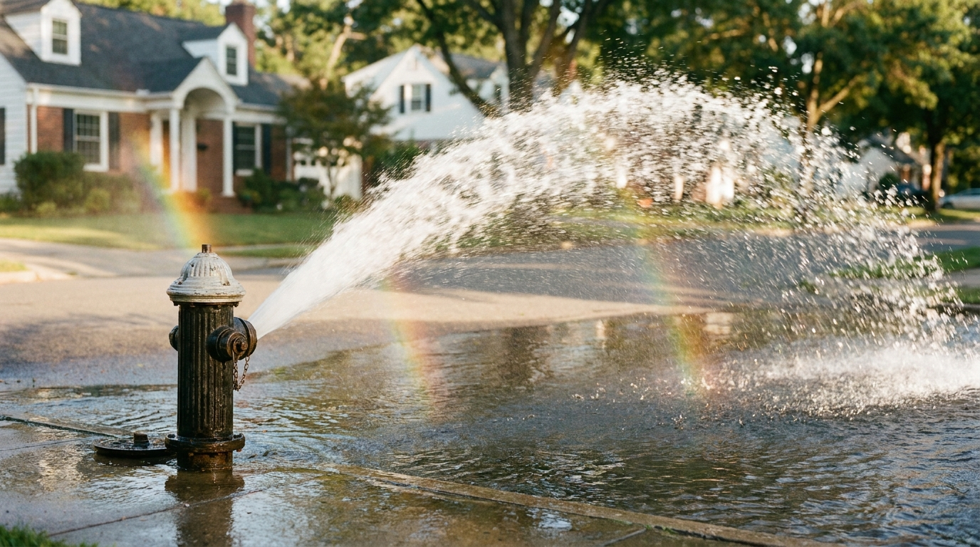 Open fire hydrant releasing water onto a residential street during a flushing program