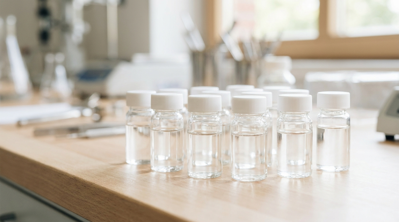 Clear water sample vials on a bright laboratory bench