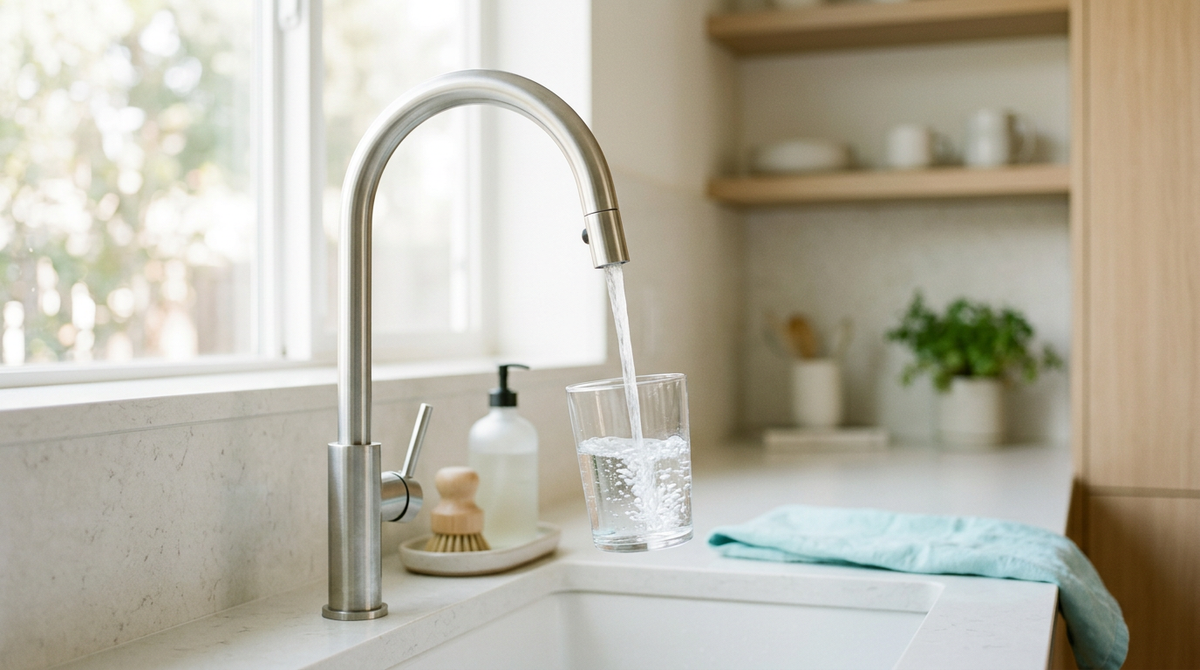 A clear glass being filled with water at a bright kitchen faucet