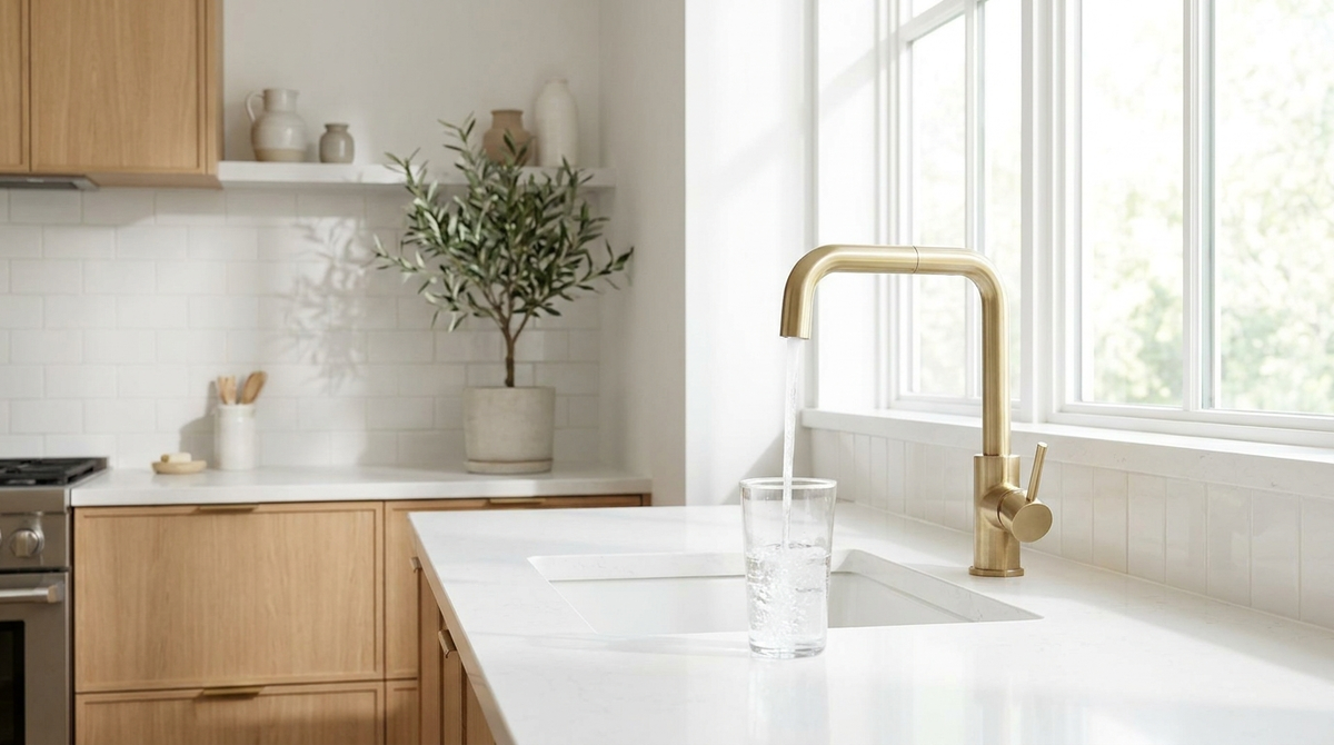 Kitchen faucet filling a clear glass of water