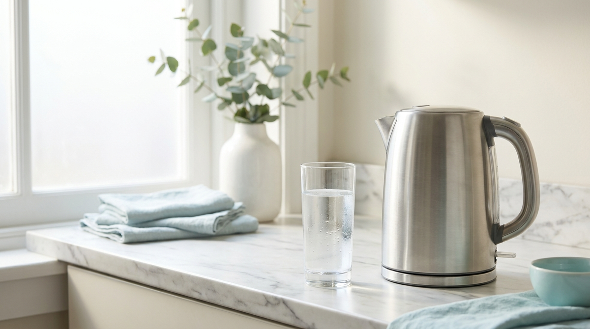 Stainless steel kettle beside a glass of cold water on a bright kitchen counter