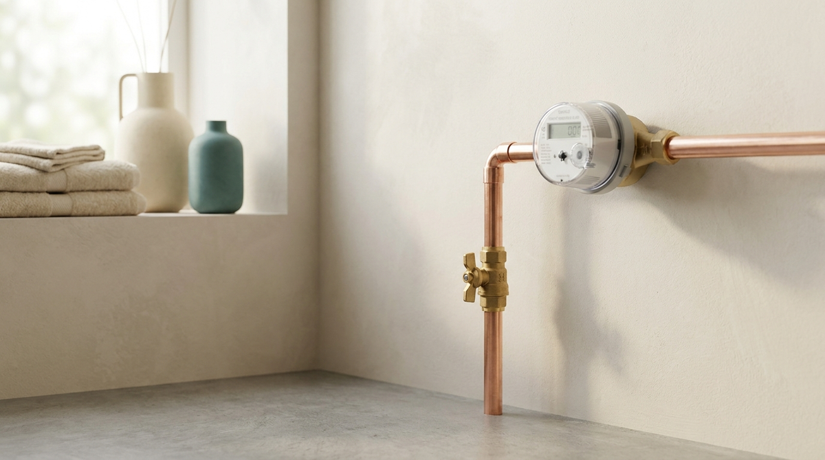 A polished copper water supply pipe rising into a brass shutoff valve and water meter against a pale plaster wall.