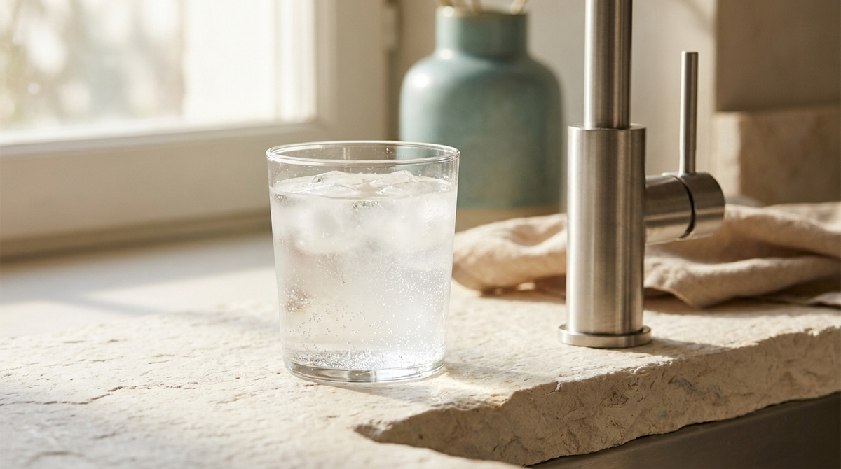 A glass of cold tap water on a kitchen counter looking milky white from millions of tiny air bubbles.