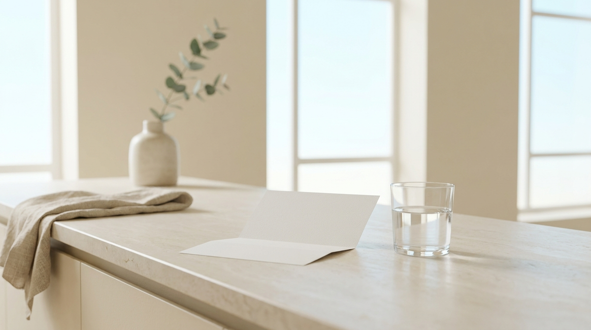 A plain unmarked folded letter beside a clear glass of water on a bright kitchen counter.