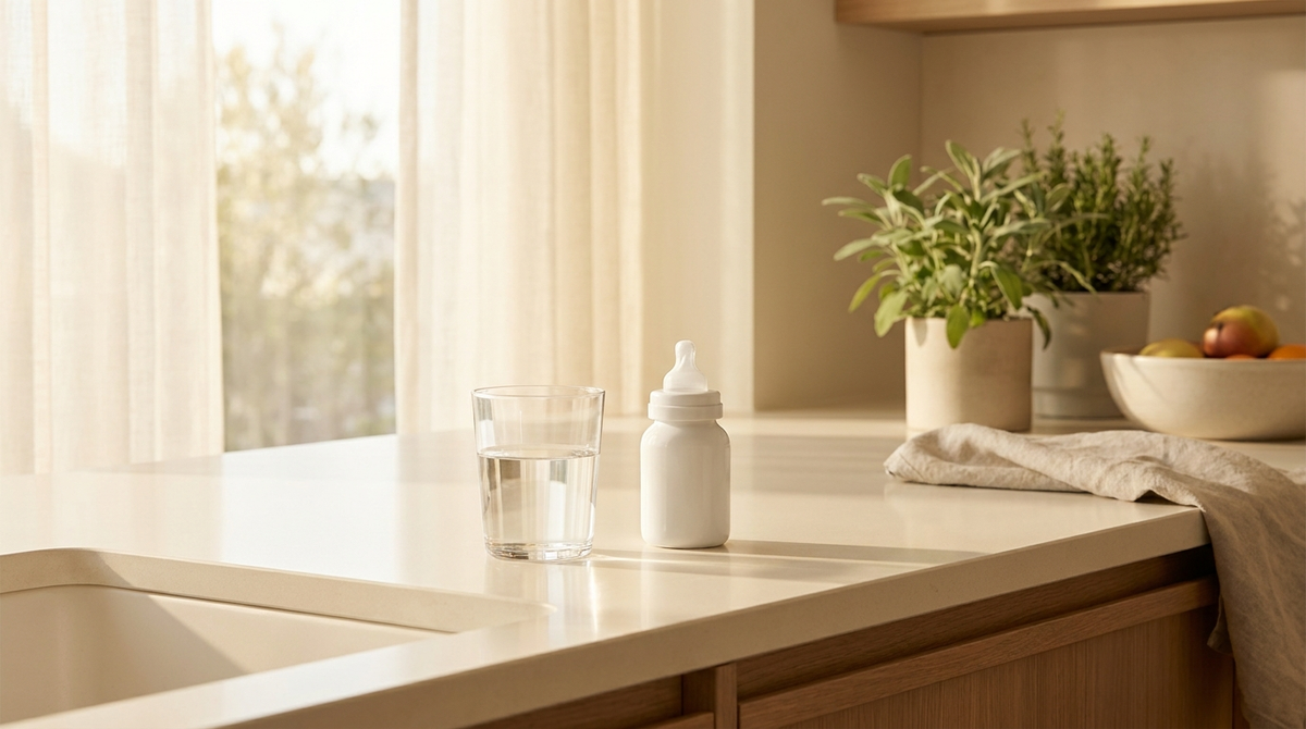 A clear glass of water beside a small unlabeled white baby bottle on a bright kitchen counter in morning light.