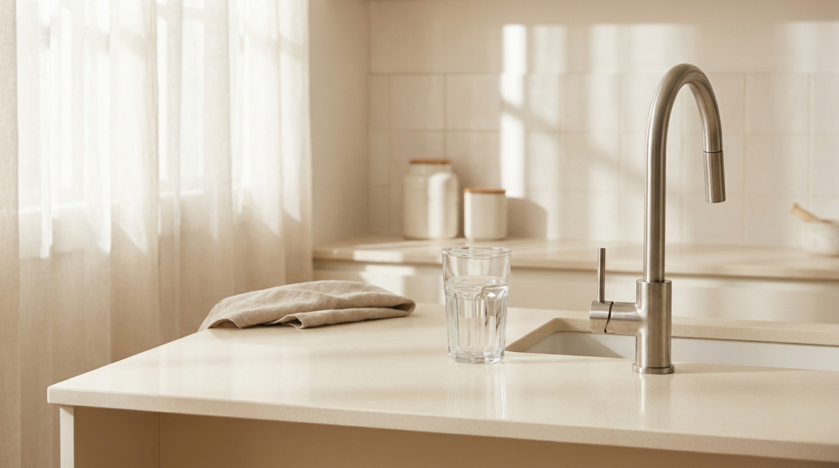 A clear glass of water on a bright kitchen counter beside a stainless steel faucet in soft morning light.