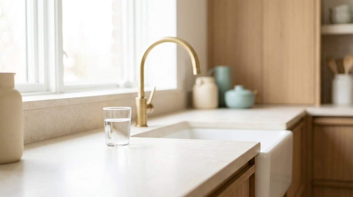 A clear glass of water on a pale stone kitchen counter beside a brass faucet in soft morning daylight.