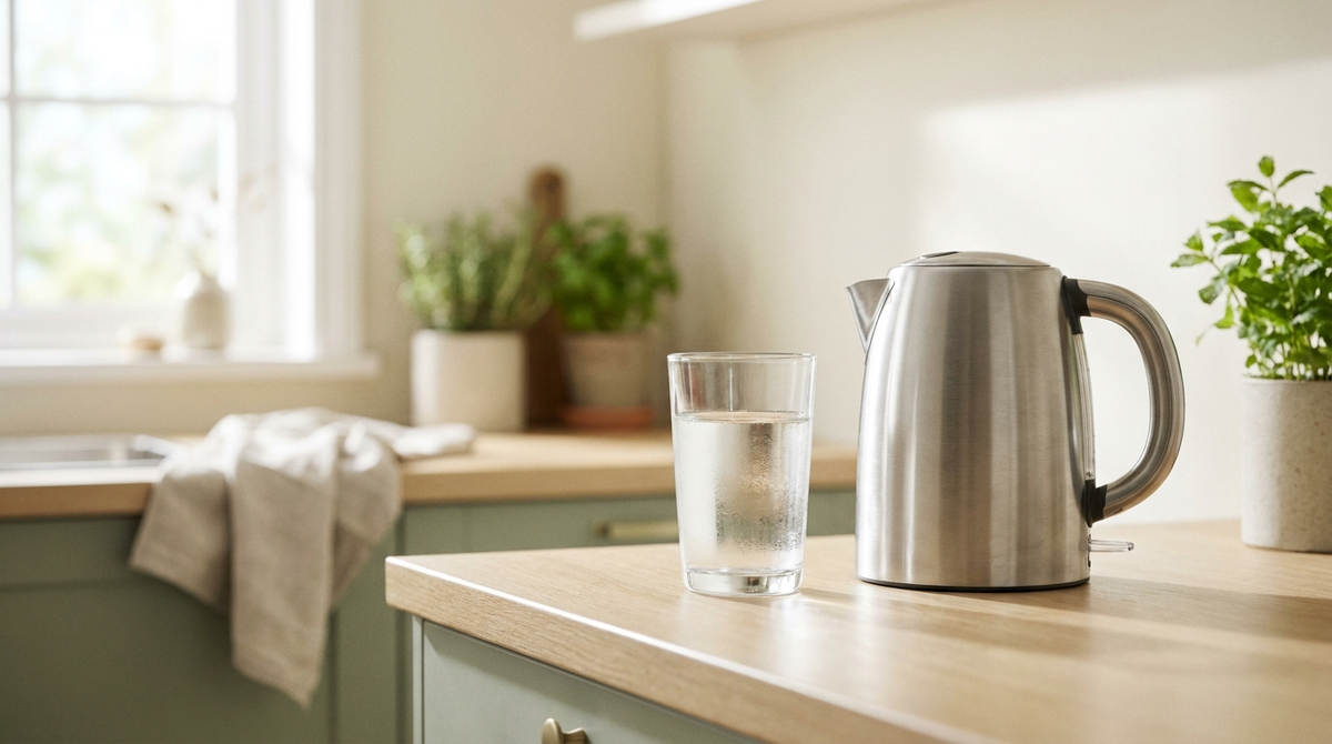 A clear glass of water and a stainless steel kettle on a light wood kitchen counter in soft morning daylight.