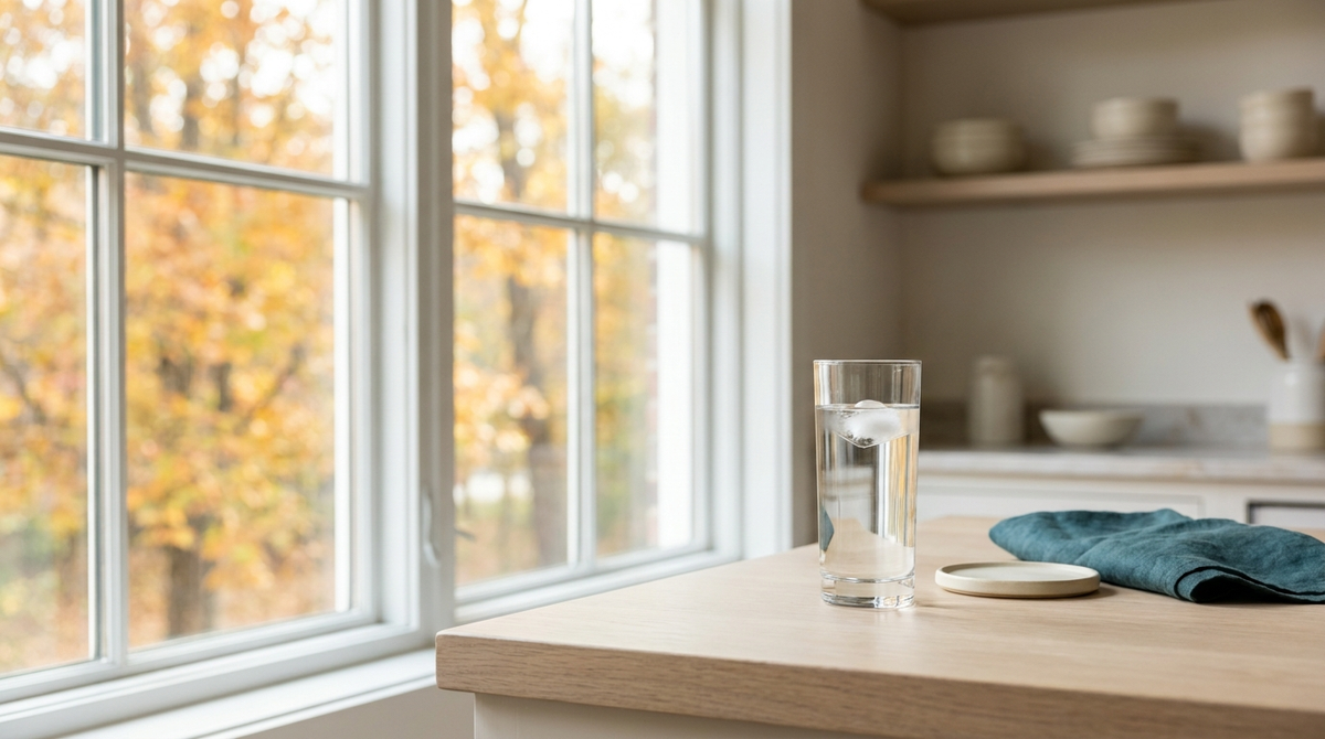 A clear glass of water on a pale oak kitchen counter beside a bright window with autumn trees outside.