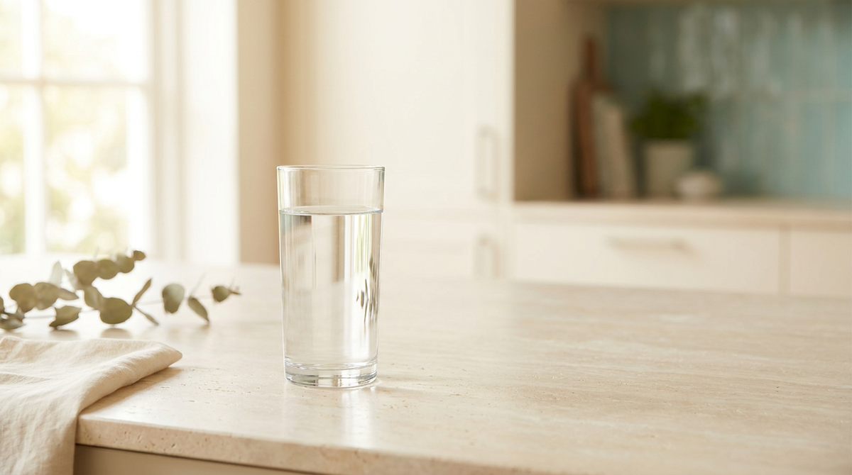 A single tall glass of still water on a pale stone kitchen counter in soft morning light.