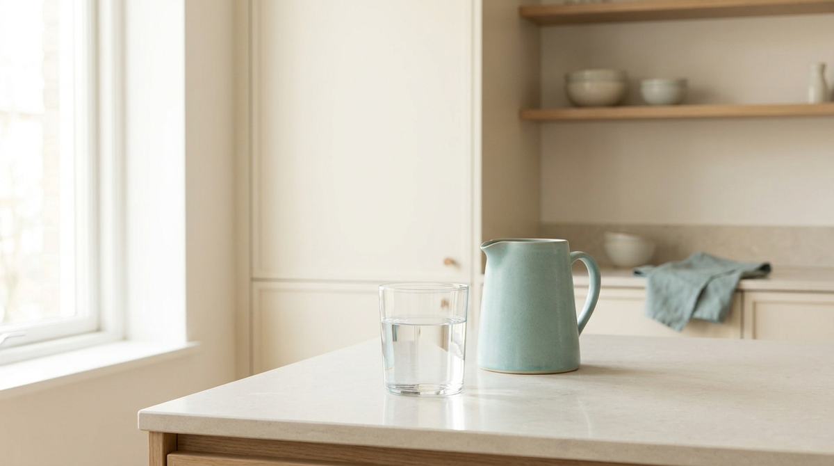 A clear drinking glass of water on a sunlit kitchen counter beside a pale ceramic jug.