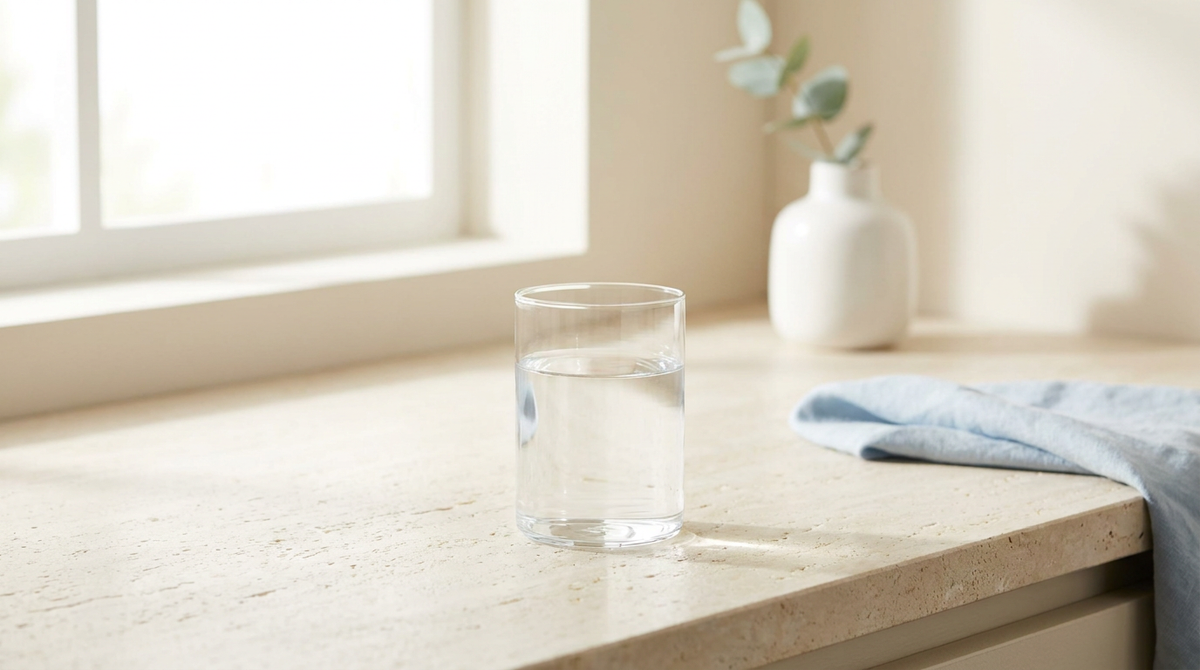 A clear drinking glass of still water on a pale stone kitchen counter in soft morning daylight.