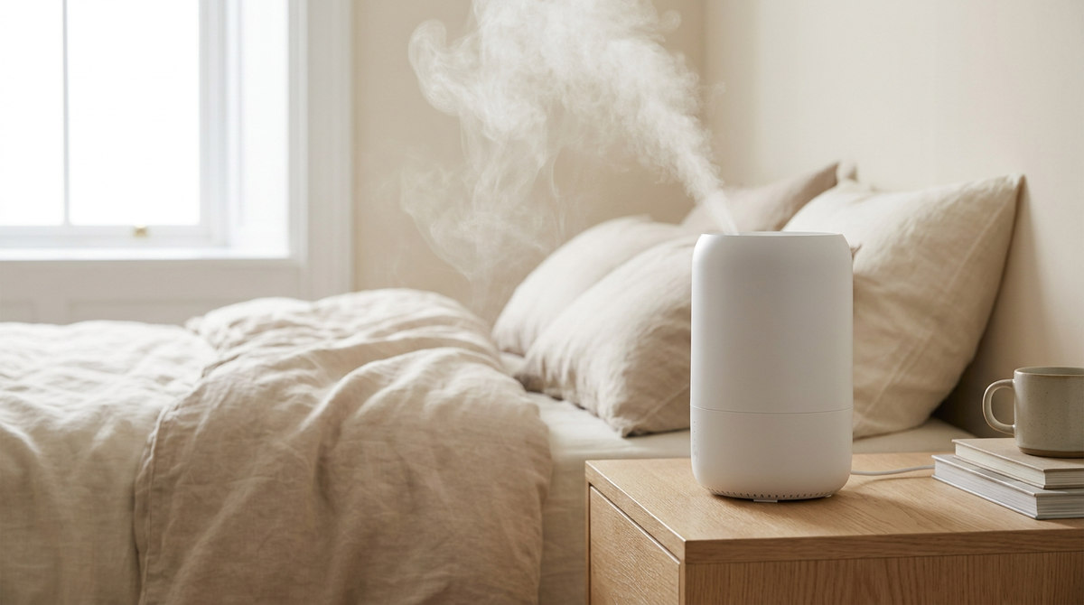 A modern white cool-mist humidifier on a pale oak nightstand in a calm cream-toned bedroom, mist rising in cold morning light.