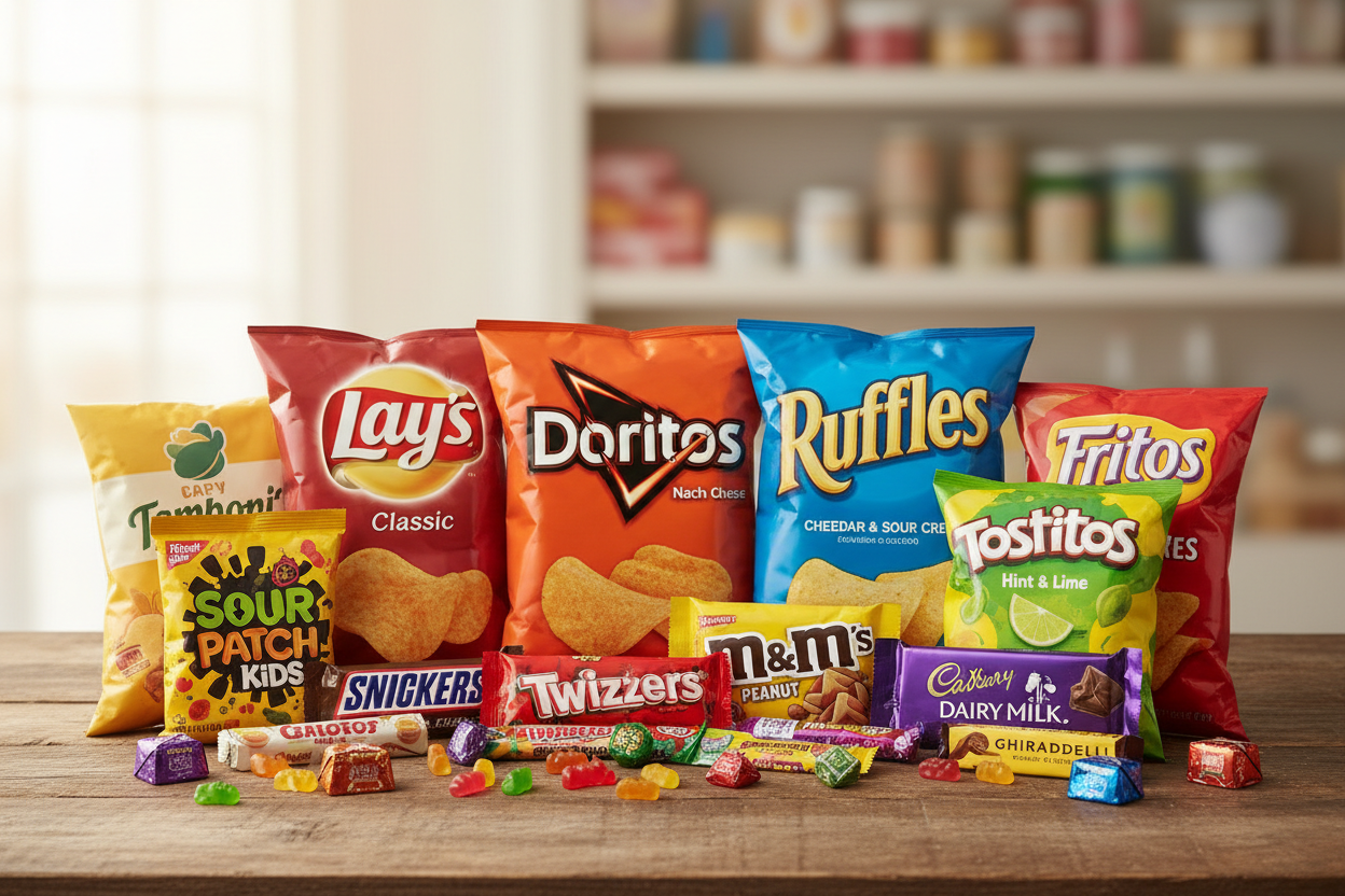 Assortment of real packaged chips and chocolate bars