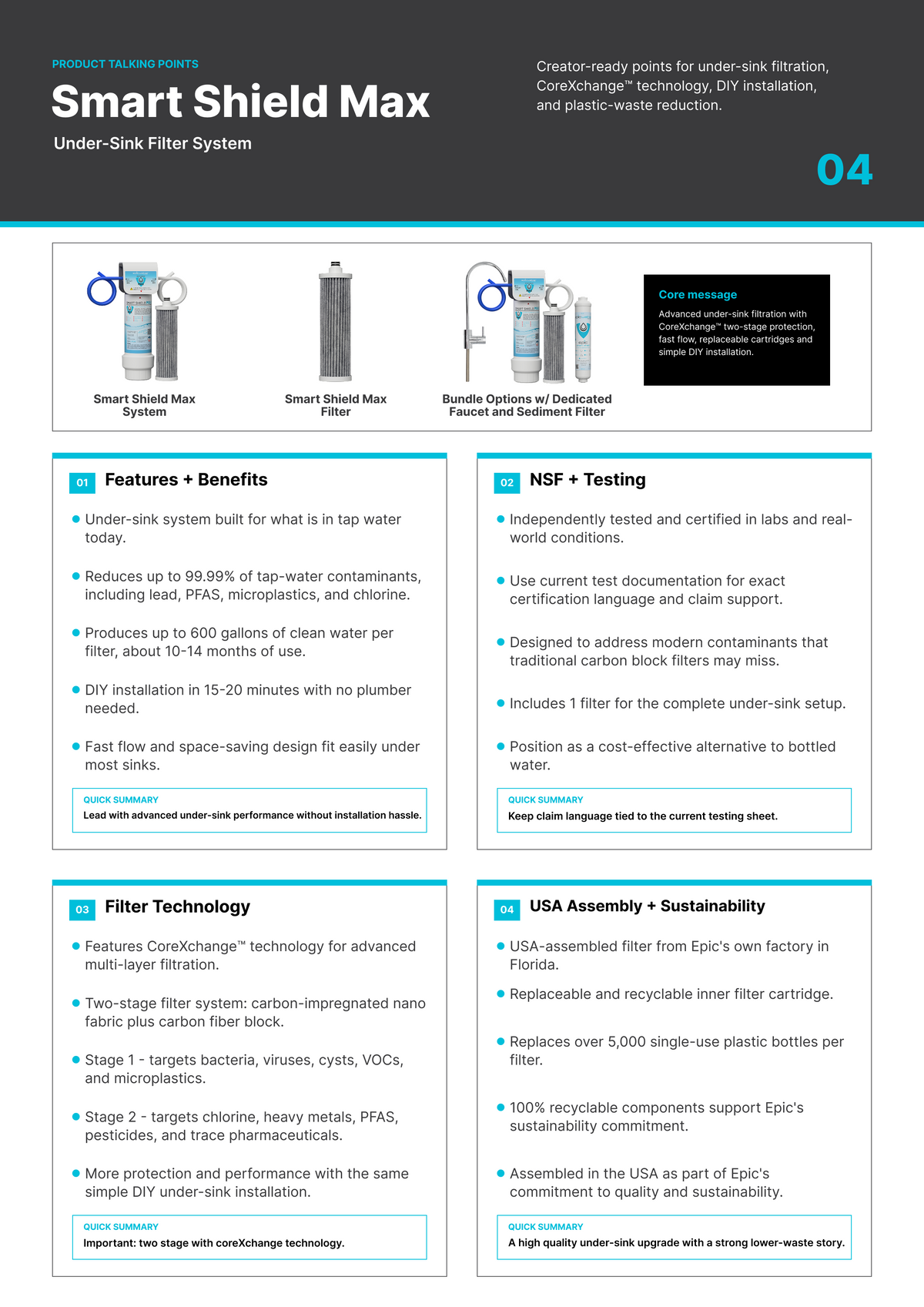 Smart Shield Max under-sink filter system talking points