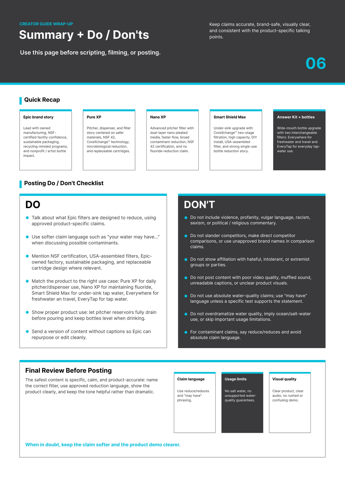 Epic Water Filters creator summary, do and do not checklist